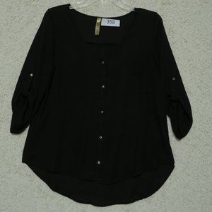 Point* Women's 3/4 Sleeve Button Down V-Neck‎ Blouse Size Medium~ Black